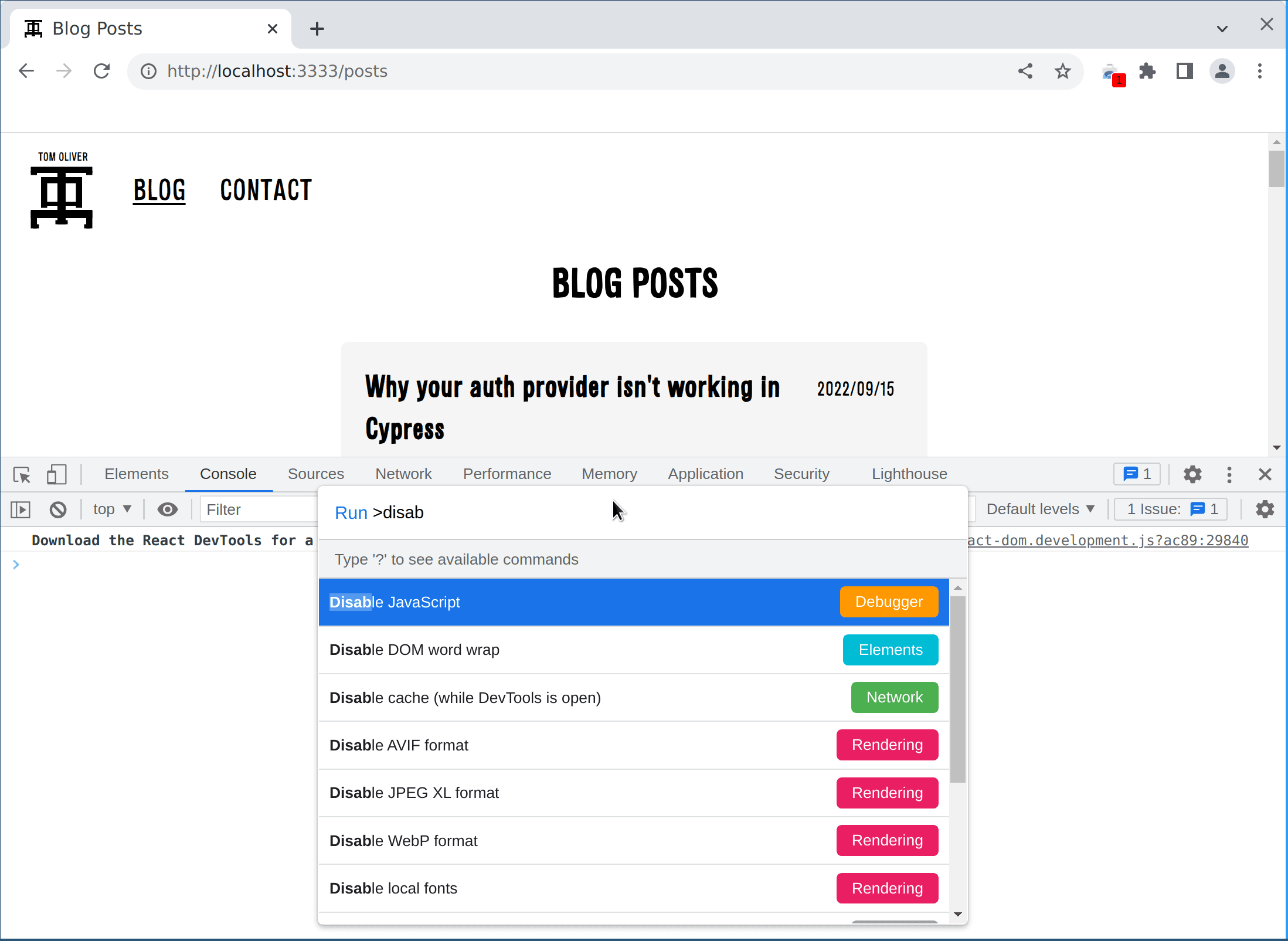 Disabling JavaScript with Chrome dev tools.