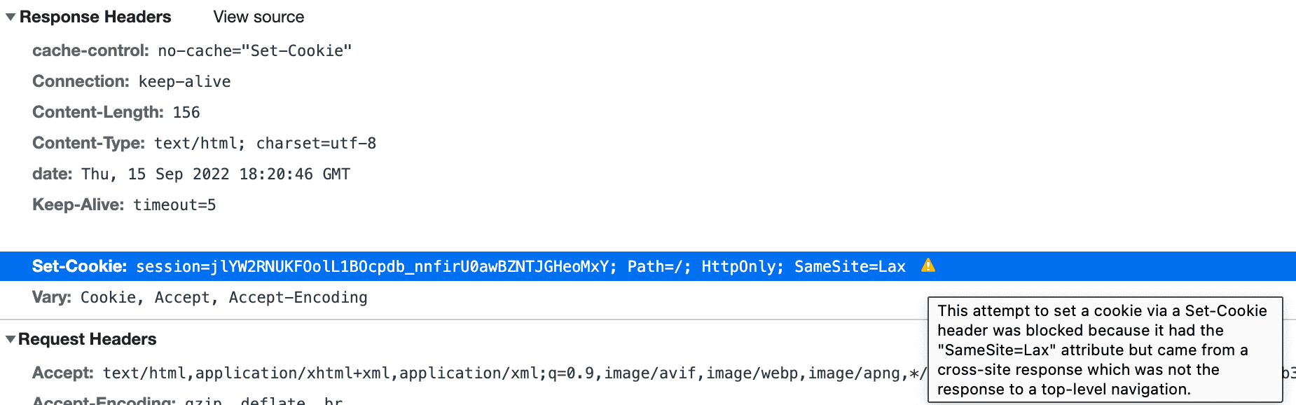 SameSite error in Chrome devtools
