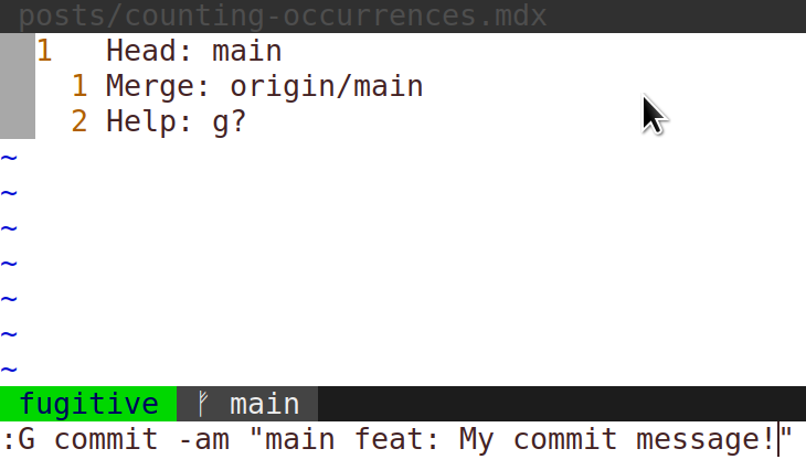 Git commit command generated in vim command bar